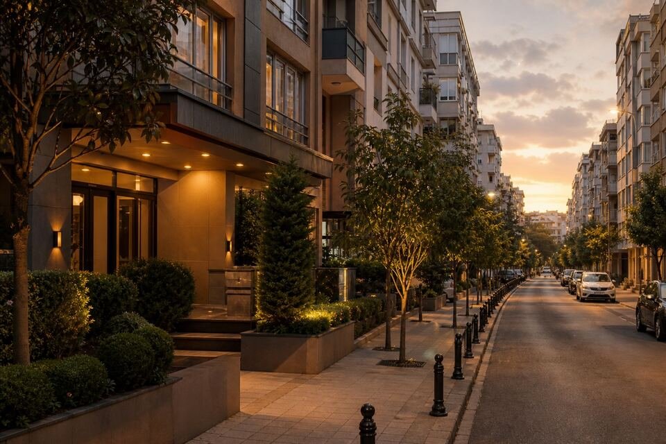 Bayrampaşa çilingir hizmet kapsamı için akşam ışığında apartman sokağı